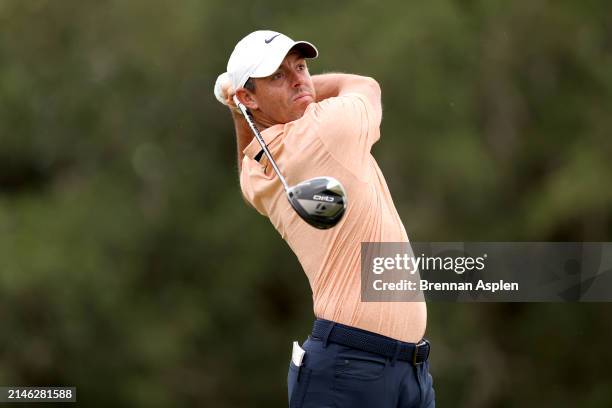 Rory McIlroy of Northern Ireland plays his tee shot on the 2nd hole during the final round of the Valero Texas Open at TPC San Antonio on April 07,...