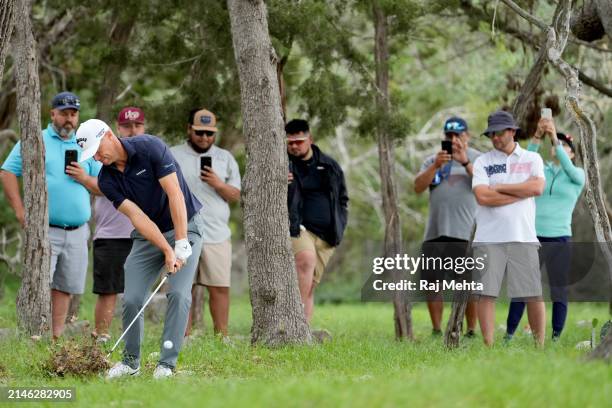 Alex Noren of Sweden plays his second shot on the 1st hole during the final round of the Valero Texas Open at TPC San Antonio on April 07, 2024 in...