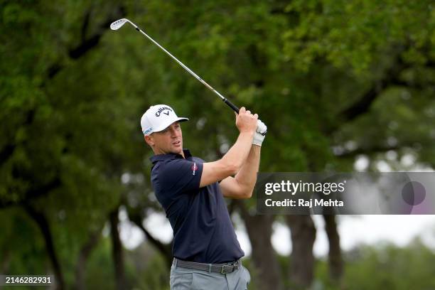 Alex Noren of Sweden plays his third shot on the 1st hole during the final round of the Valero Texas Open at TPC San Antonio on April 07, 2024 in San...