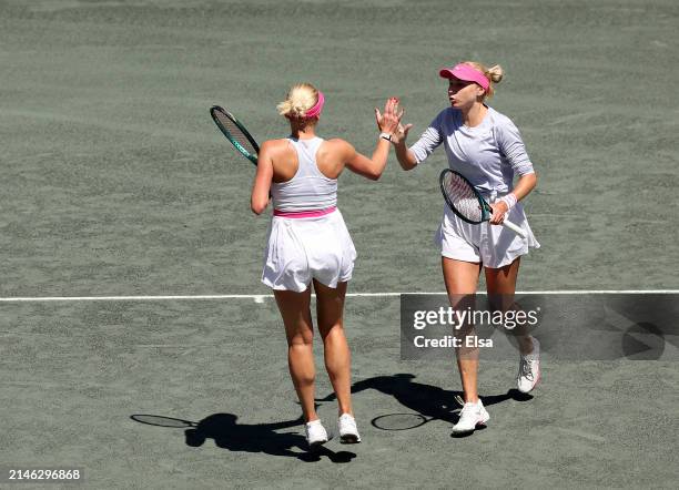 Lyudmyla Kichenok and Nadiia Kichenok of the Ukraine celebrate the first set win against Ashlyn Krueger and Sloane Stephens of the United States...