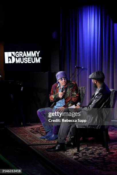 Stevie Van Zandt speaks with Schyler O'Neal at TeachRock Backstage Pass with Stevie Van Zandt at GRAMMY Museum L.A. Live on April 05, 2024 in Los...