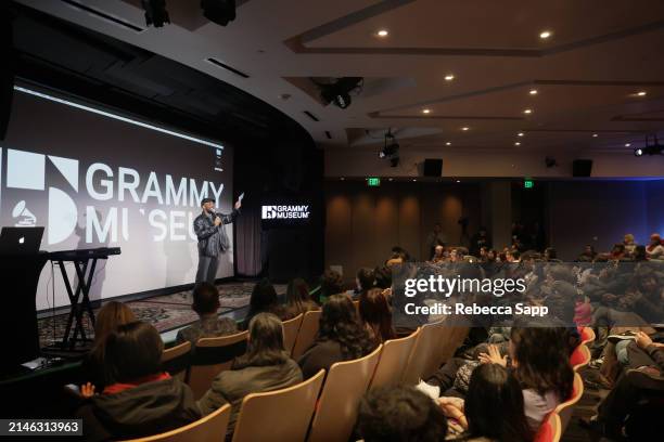 Schyler O'Neal speaks onstage at TeachRock Backstage Pass with Stevie Van Zandt at GRAMMY Museum L.A. Live on April 05, 2024 in Los Angeles,...