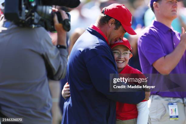 Lily Wachter, first overall, of the Girl's 10-11 group reacts during the Drive, Chip and Putt Championship at Augusta National Golf Club at Augusta...