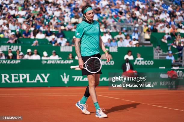 Alexander Bublik of Kazakhstan reacts against Borna Coric of Croatia in their Men's Singles Round of 64 match during day one of the Rolex Monte-Carlo...