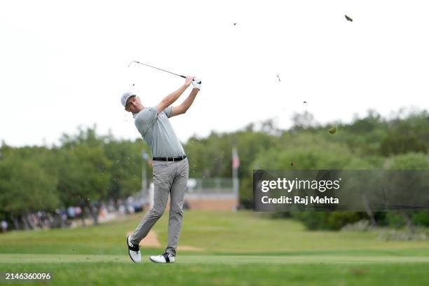 Brendon Todd of the United States plays his second shot on the 1st hole during the final round of the Valero Texas Open at TPC San Antonio on April...