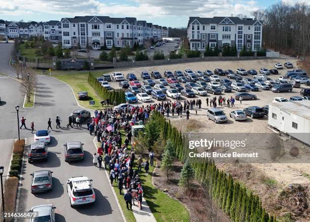 In an aerial view, marchers prepare to walk the designated route along Old Country Road during the "Bring Them Home NOW" walk and rally on April 07,...