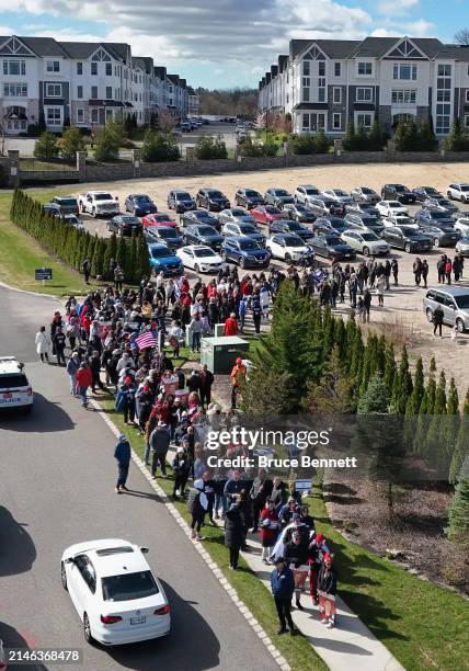 In an aerial view, marchers prepare towalk the designated route along Old Country Road during the "Bring Them Home NOW" walk and rally on April 07,...