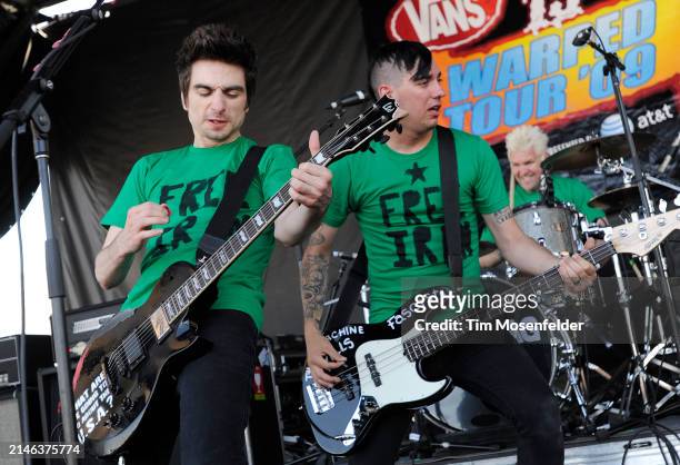 Justin Sane and Chris Barker of Anti-Flag performs during the Vans Warped tour at Pier 30/32 on June 27, 2009 in San Francisco, California.