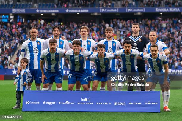 Players of RCD Espanyol pose for a photo on team's line up ahead the LaLiga Hypermotion match between RCD Espanyol and Albacete Balompie at Stage...