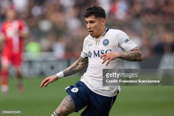 Mathias Olivera of SSC Napoli in action during the Serie A TIM match between AC Monza and SSC Napoli at U-Power Stadium on April 07, 2024 in Monza,...