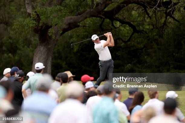 Lucas Glover of the United States plays his tee shot on the 6th hole during the final round of the Valero Texas Open at TPC San Antonio on April 07,...