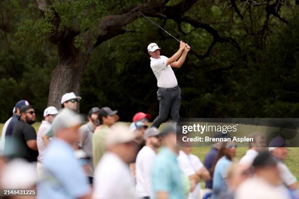 Lucas Glover of the United States plays his tee shot on the 6th hole during the final round of the Valero Texas Open at TPC San Antonio on April 07,...