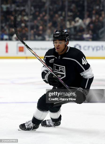 Akil Thomas of the Los Angeles Kings skates during a 6-3 win over the Vancouver Canucks at Crypto.com Arena on April 06, 2024 in Los Angeles,...
