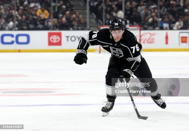 Alex Laferriere of the Los Angeles Kings skates after the puck during a 6-3 win over the Vancouver Canucks at Crypto.com Arena on April 06, 2024 in...