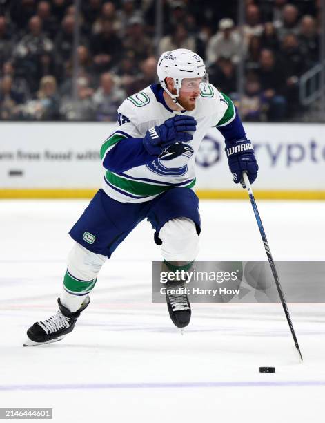 Sam Lafferty of the Vancouver Canucks skates during a 6-3 Los Angeles Kings win at Crypto.com Arena on April 06, 2024 in Los Angeles, California.