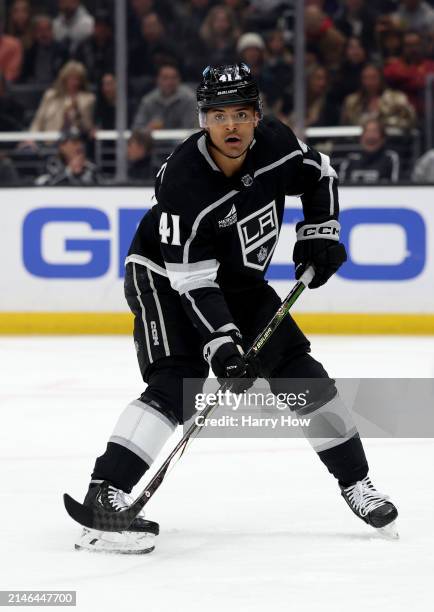 Akil Thomas of the Los Angeles Kings waits for a pass during a 6-3 win over the Vancouver Canucks at Crypto.com Arena on April 06, 2024 in Los...