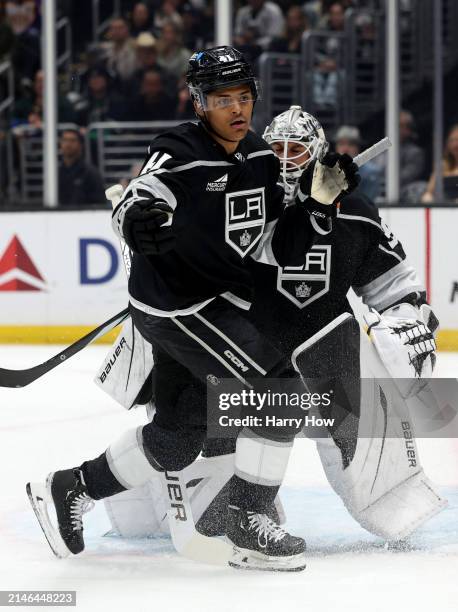 Akil Thomas of the Los Angeles Kings skates in front of Cam Talbot during a 6-3 win over the Vancouver Canucks at Crypto.com Arena on April 06, 2024...