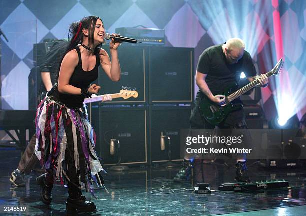 Evanescence, with singer Amy Lee, performs on "The Tonight Show with Jay Leno" at the NBC Studios on July 8, 2003 in Burbank, California.