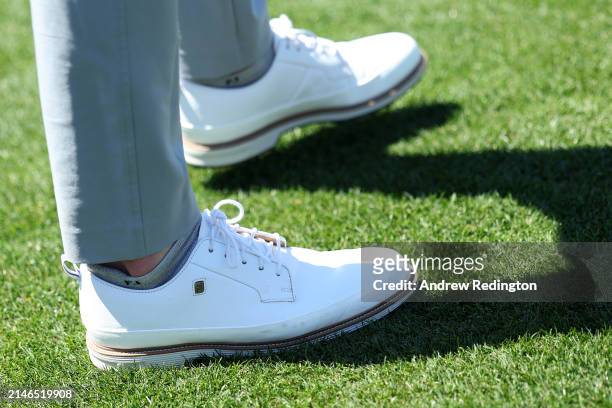 Detail of the shoes of Will Zalatoris of the United States prior to the 2024 Masters Tournament at Augusta National Golf Club on April 07, 2024 in...