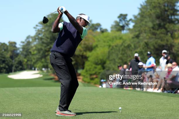 Vijay Singh of Fiji hits his shot from the first tee prior to the 2024 Masters Tournament at Augusta National Golf Club on April 07, 2024 in Augusta,...