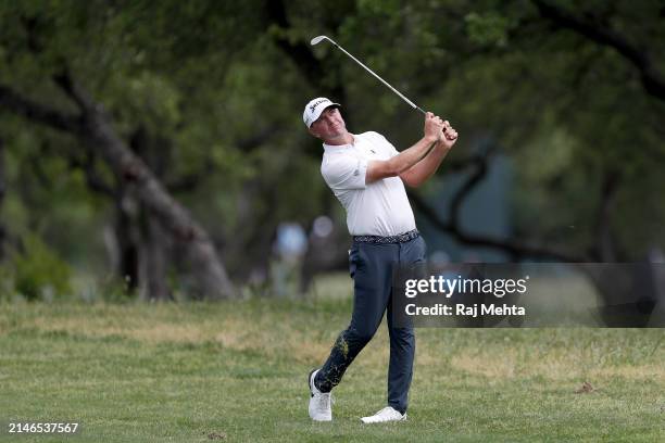 Lucas Glover of the United States plays his second shot on the 1s hole during the final round of the Valero Texas Open at TPC San Antonio on April...