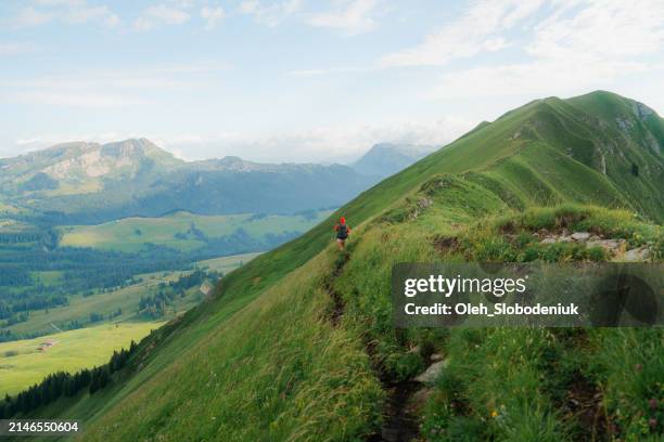 frau wandert in den schweizer alpen auf einer bergkette im sommer - brienz stock-fotos und bilder