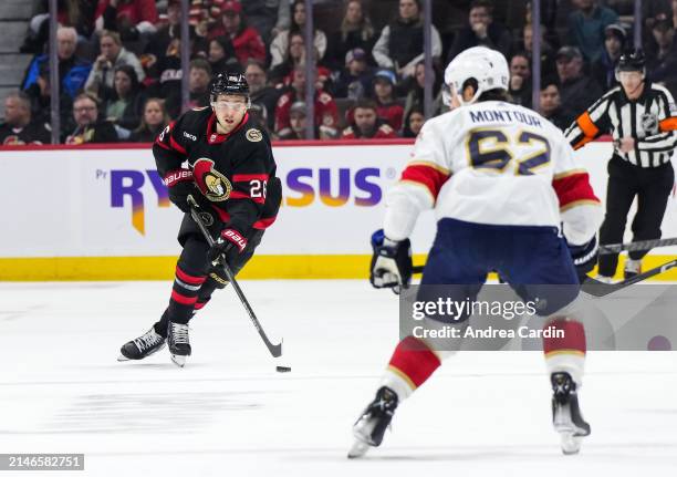 Erik Brannstrom of the Ottawa Senators skates against the Florida Panthers at Canadian Tire Centre on April 4, 2024 in Ottawa, Ontario, Canada.