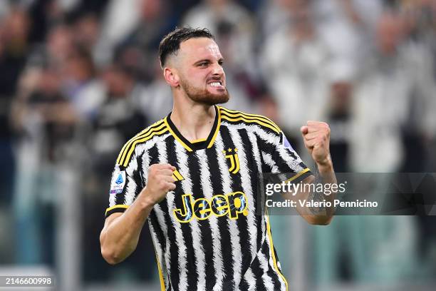 Federico Gatti of Juventus celebrates scoring his team's first goal during the Serie A TIM match between Juventus and ACF Fiorentina at Allianz...