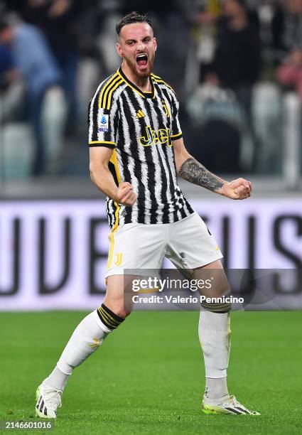 Federico Gatti of Juventus celebrates scoring his team's first goal during the Serie A TIM match between Juventus and ACF Fiorentina at Allianz...