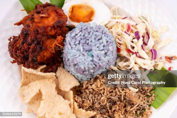 close up of nasi kerabu blue colored rice with ayam goreng berempah - clitoria fotografías e imágenes de stock