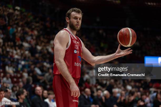 Nicolo Melli, #9 of EA7 Emporio Armani Olimpia Milano, holds the ball during the LBA Lega Basket Serie A Round 26 match between EA7 Emporio...