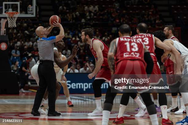 General picture shows the tip off during the LBA Lega Basket Serie A Round 26 match between EA7 Emporio Armani Olimpia Milano and Dolomiti Energia...