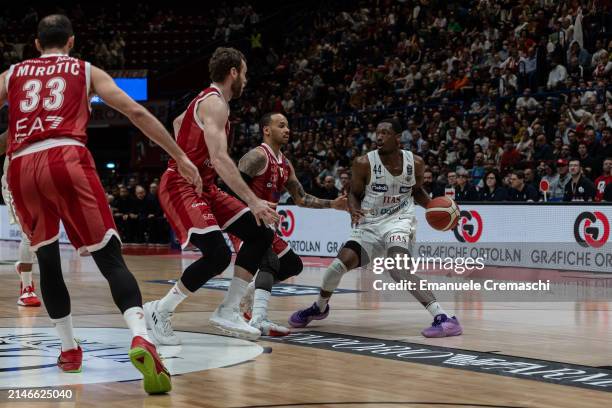 Kamar Baldwin, #44 of Dolomiti Energia Trentino, holds the ball during the LBA Lega Basket Serie A Round 26 match between EA7 Emporio...