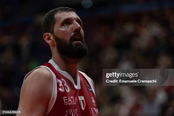 Nikola Mirotic, #33 of EA7 Emporio Armani Olimpia Milano, looks on during the LBA Lega Basket Serie A Round 26 match between EA7 Emporio...