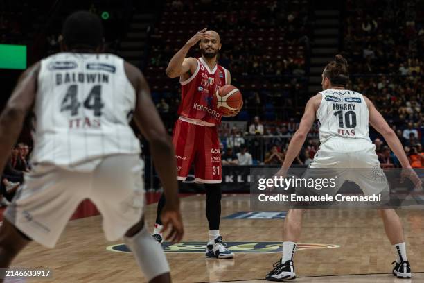 Shavon Shields, #31 of EA7 Emporio Armani Olimpia Milano, holds the ball during the LBA Lega Basket Serie A Round 26 match between EA7 Emporio...