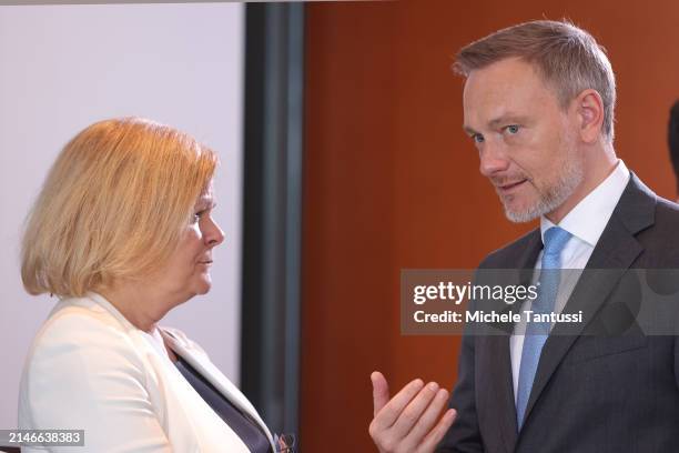 Interior Minister Nancy Faeser and Finance Minister Christian Lindner, attend the weekly federal government cabinet meeting on April 10, 2024 in...