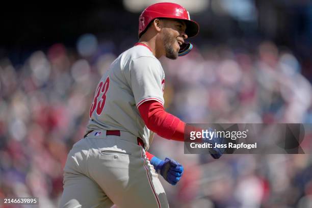 Edmundo Sosa of the Philadelphia Phillies runs the bases after he hits a home run against the Washington Nationals during the fifth inning at...