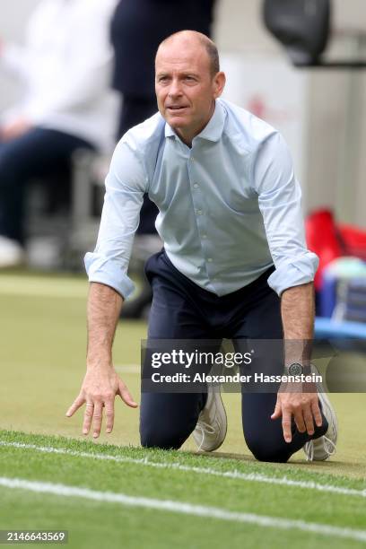 Jess Thorup, Head Coach of FC Augsburg, reacts during the Bundesliga match between TSG Hoffenheim and FC Augsburg at PreZero-Arena on April 07, 2024...
