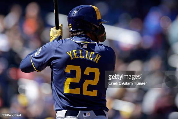 Christian Yelich of the Milwaukee Brewers in action against the New York Mets during the first inning at Citi Field on March 31, 2024 in New York...