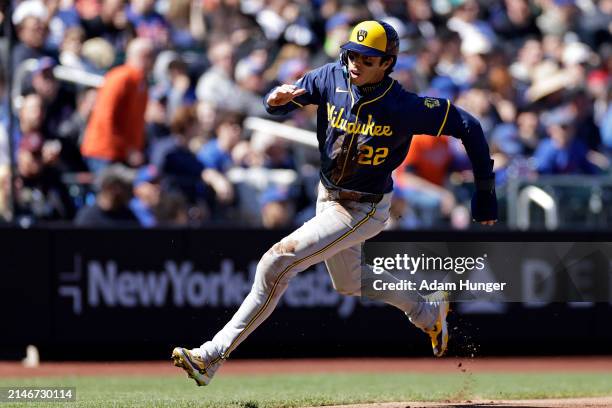 Christian Yelich of the Milwaukee Brewers in action against the New York Mets during the first inning at Citi Field on March 31, 2024 in New York...