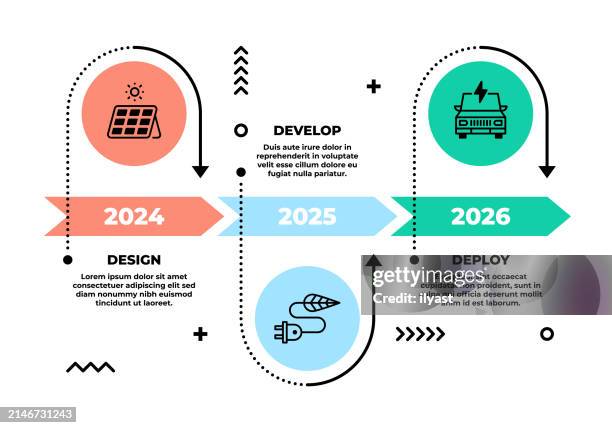 illustrazioni stock, clip art, cartoni animati e icone di tendenza di timeline infografica design per l'energia solare - linea del tempo supporto visivo