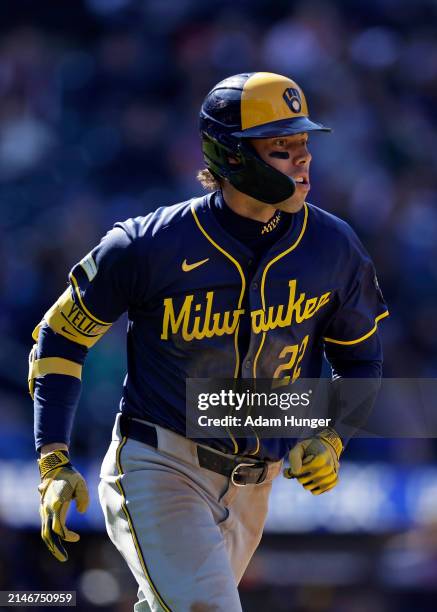 Christian Yelich of the Milwaukee Brewers in action against the New York Mets during the sixth inning at Citi Field on March 31, 2024 in New York...