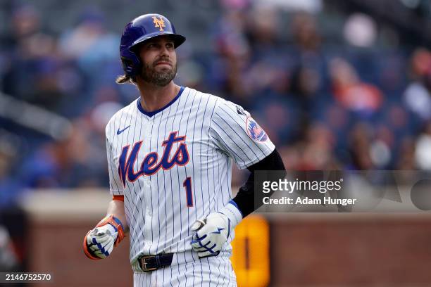 Jeff McNeil of the New York Mets reacts against the Milwaukee Brewers during the eighth inning at Citi Field on March 31, 2024 in New York City.