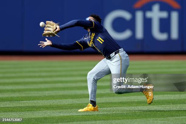 Jackson Chourio of the Milwaukee Brewers in action against the New York Mets during the seventh inning at Citi Field on March 31, 2024 in New York...