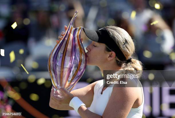 Danielle Collins of the United States celebrates her win after the singles final against Daria Kasatkina on the final day of the WTA 500 Credit One...