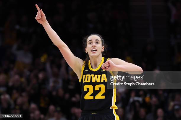 Caitlin Clark of the Iowa Hawkeyes reacts in the second half during the 2024 NCAA Women's Basketball Tournament National Championship game against...