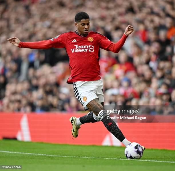 Marcus Rashford of Manchester United in action during the Premier League match between Manchester United and Liverpool FC at Old Trafford on April...