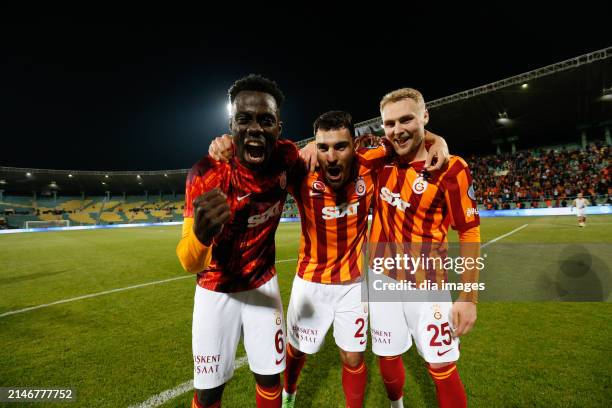 Davinson Sánchez, Victor Nelsson and Kaan Ayhan of Galatasaray during the Turkish Super Cup match between Galatasaray and Fenerbahce at 11 Nisan...