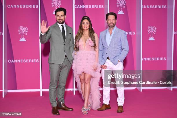 Giacomo Gianniotti, Vanessa Morgan and Jason Priestley attend the pink carpet during the 7th Canneseries International Festival - Day Three on April...