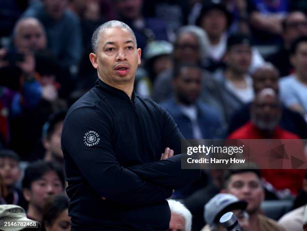 Head coach Tyronn Lue of the LA Clippers watches play from the sidelines during the first half against the Cleveland Cavaliers at Crypto.com Arena on...